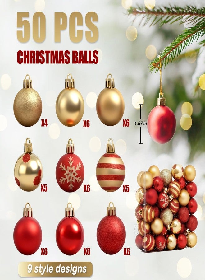 Deritec Christmas Ball Ornaments 50pcs Christmas Tree Ball Shatterproof Christmas Hanging Balls Decorations 1.57'' Plastic Baubles Red and Gold Xmas Balls for Christmas Holiday Party Wedding Home Decor - Image 2